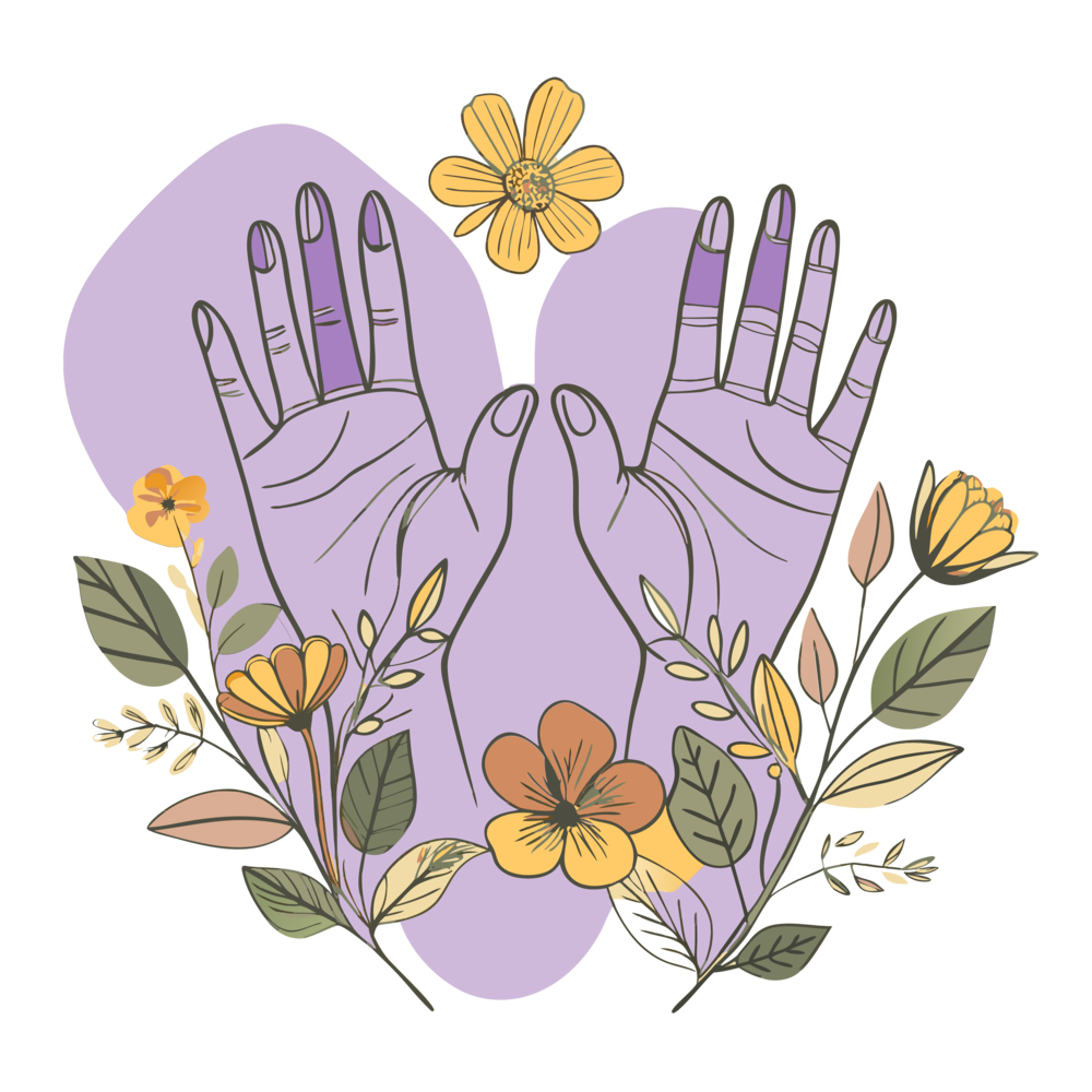 Dessin de main avec les paumes de face entourées de fleurs.